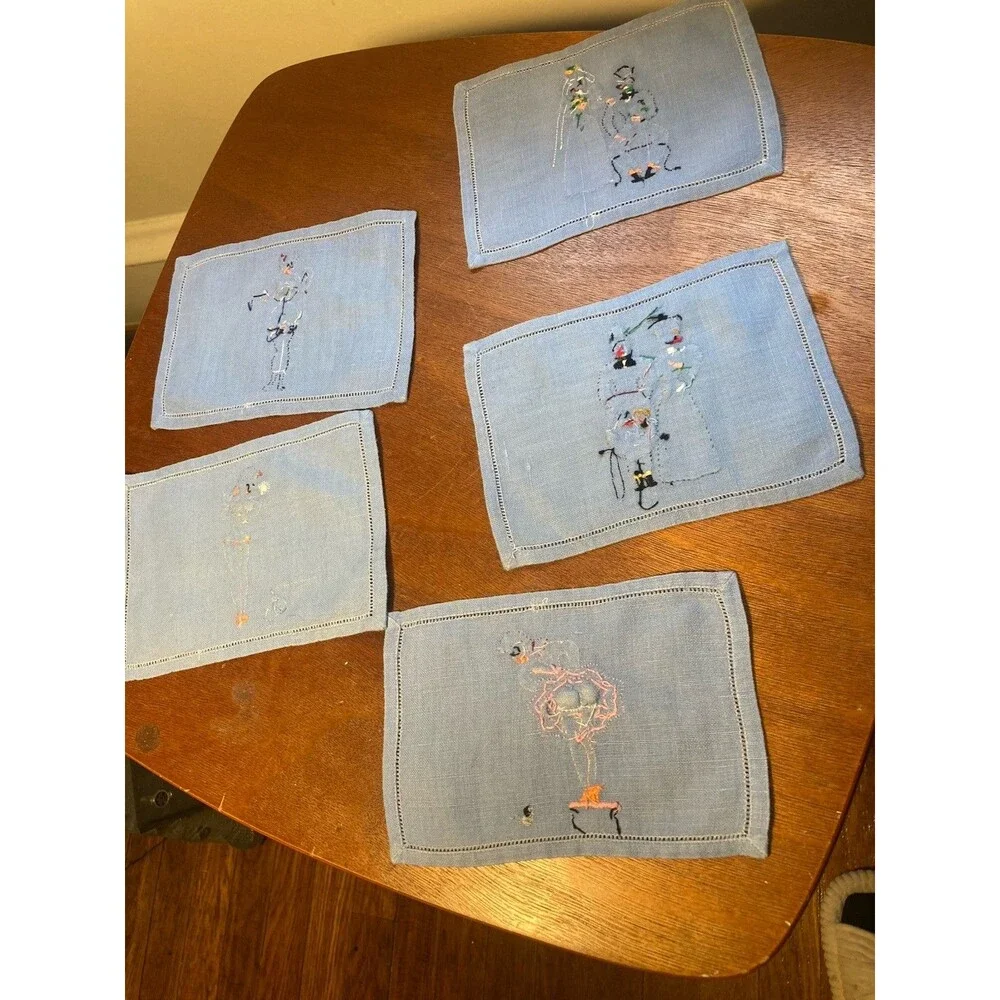 Vintage Cocktail Napkins Risque  Pin Up Girls Madeira Embroidered Linen LOT 5